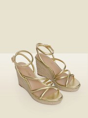 Sosandar Gold Metallic Strappy Stud Embellished Detail Wedge Espadrilles - Image 2 of 4