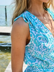 Sosandar Blue Baroque Print Tie Waist Crinkle Jumpsuit - Image 4 of 5