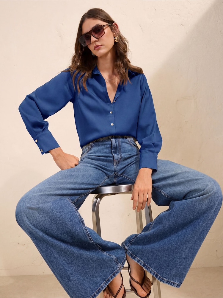 Friends Like These Cobalt Blue Satin Button Through Shirt - Image 1 of 5