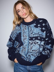 Navy Blue/White Relaxed Long Sleeve Crew Neck Jumper - Image 1 of 8