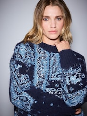 Navy Blue/White Relaxed Long Sleeve Crew Neck Jumper - Image 5 of 8