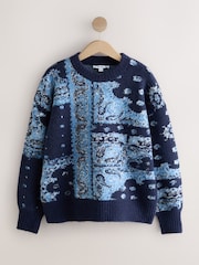 Navy Blue/White Relaxed Long Sleeve Crew Neck Jumper - Image 6 of 8