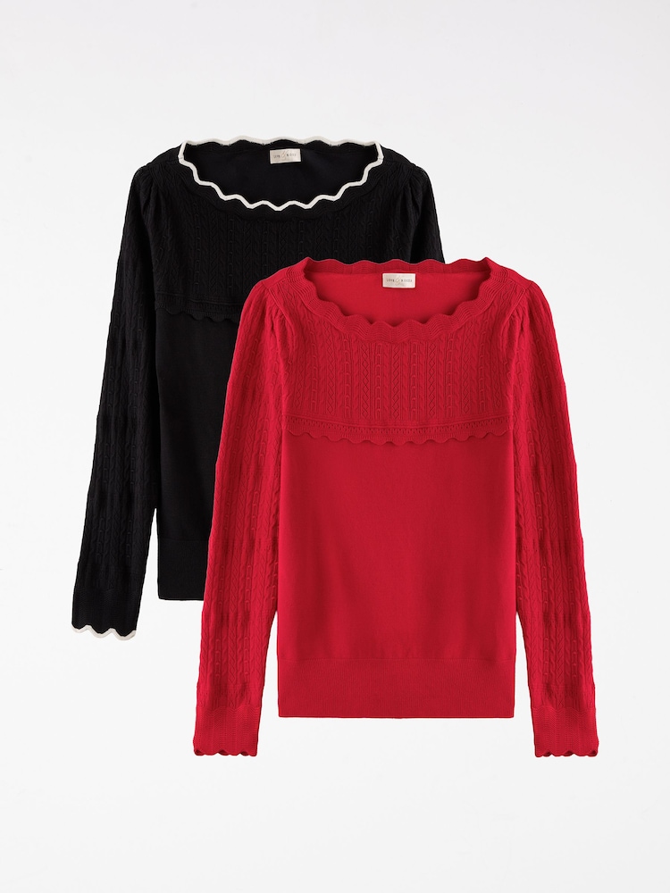 Love & Roses Scalloped Slash Neck Long Sleeve Knitted Top - Bild 1 von 7
