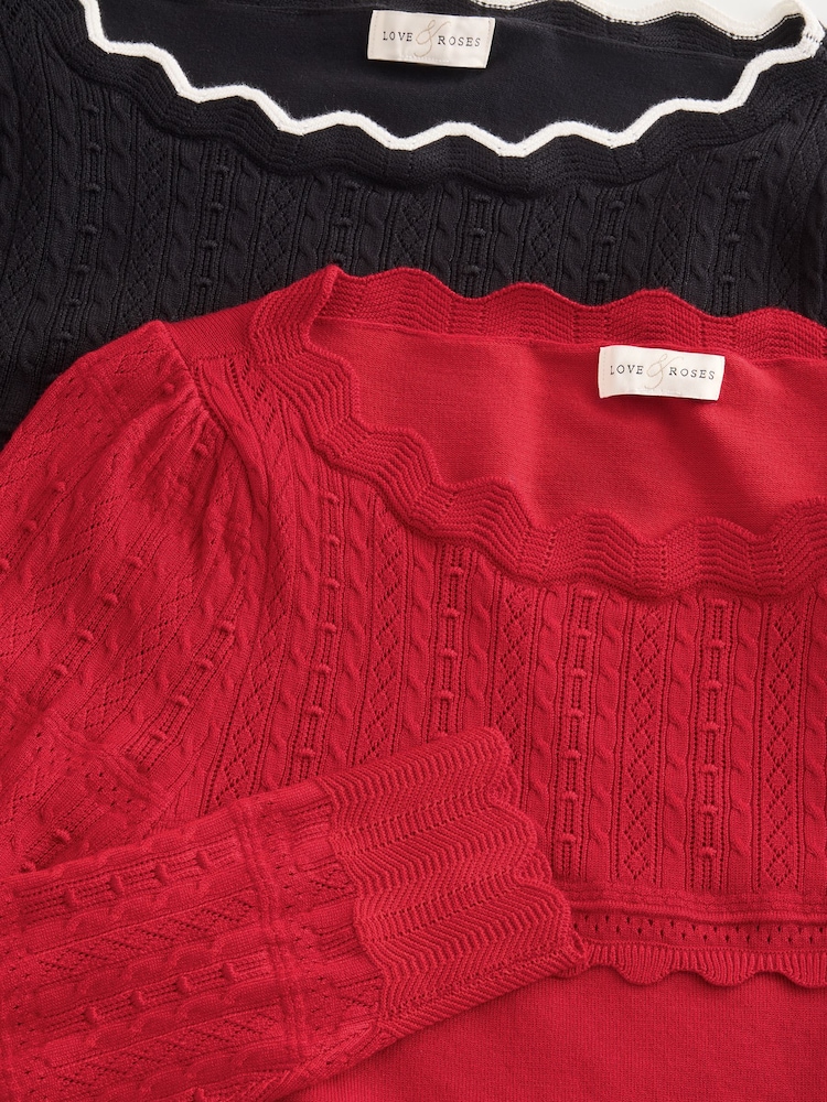 Love & Roses Scalloped Slash Neck Long Sleeve Knitted Top - Bild 7 von 7