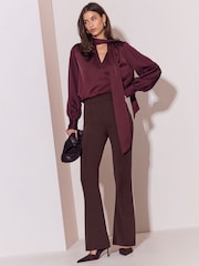 Lipsy Chocolate Brown High Waisted Bootleg Jersey Trousers - Image 1 of 4