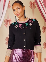 Love & Roses X Kate Fox Black Cosy Sparkle Bow Crew neck Christmas Knitted Cardigan - Image 1 of 4