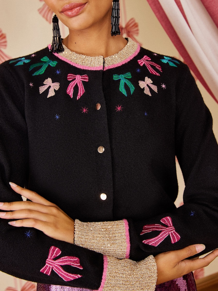 Love & Roses X Kate Fox Black Cosy Sparkle Bow Crew neck Christmas Knitted Cardigan - Image 2 of 4