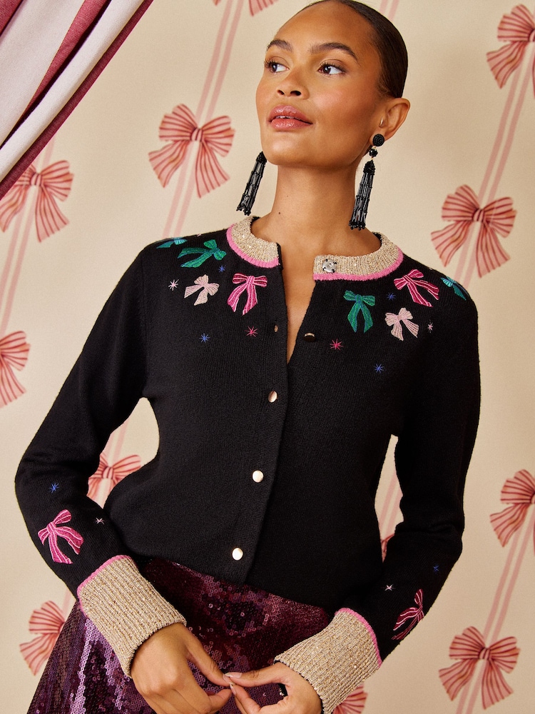 Love & Roses X Kate Fox Black Cosy Sparkle Bow Crew neck Christmas Knitted Cardigan - Image 4 of 4