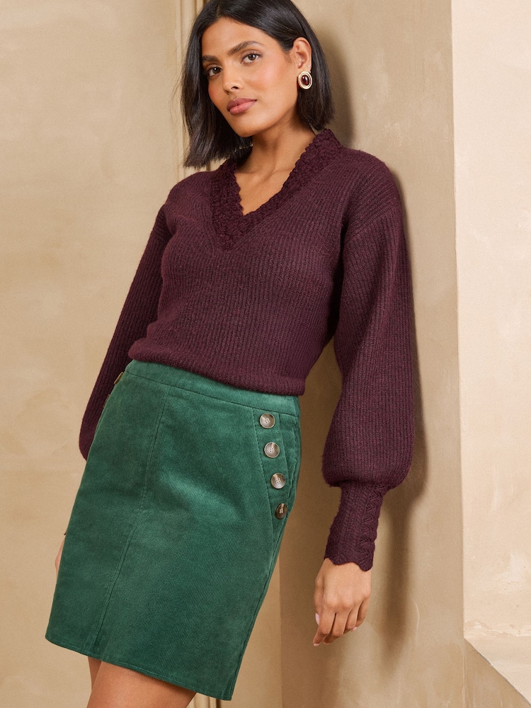 Love & Roses Forest Green Cord Sailor Button Mini Skirt - Image 2 of 5