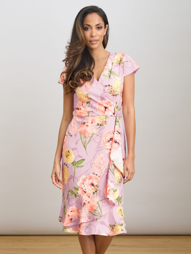 Gina Bacconi Pink Marlena Cap Sleeve Ruffle Print Dress - Image 1 of 6