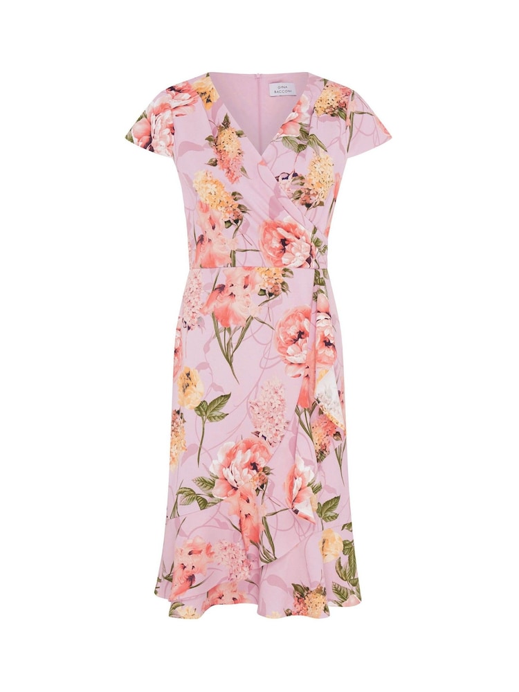 Gina Bacconi Pink Marlena Cap Sleeve Ruffle Print Dress - Image 6 of 6