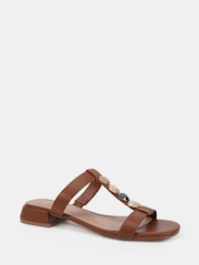 Novo Brown Wide Fit Trinity Hardware Stone Detail Mule Flat Sandals - Image 3 of 6