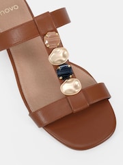 Novo Brown Wide Fit Trinity Hardware Stone Detail Mule Flat Sandals - Image 6 of 6