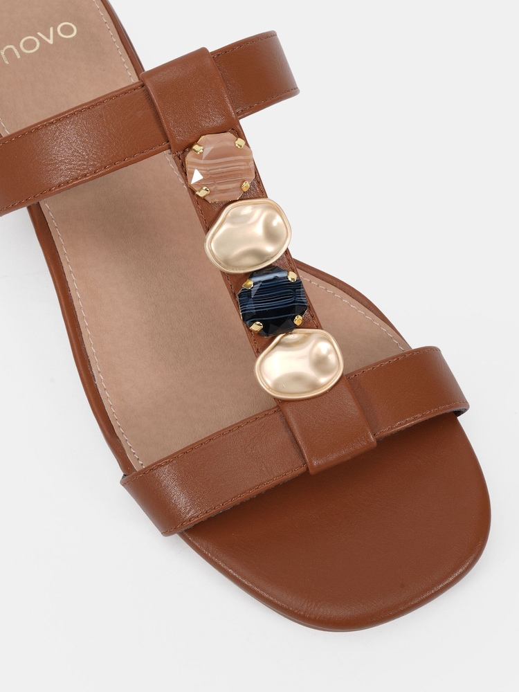 Novo Brown Wide Fit Trinity Hardware Stone Detail Mule Flat Sandals - Image 6 of 6