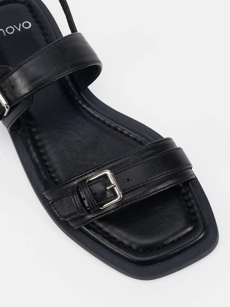 Novo Black Wide Fit Teagan Buckle Detail Double Strap Flat Sandals - Image 6 of 6 Novo Black Wide Fit Teagan Buckle Detail Double Strap Flat Sandals - Image 6 of 6