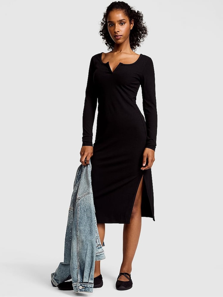 Victoria's Secret Pink Black Ribbed Midi Dress - Image 1 of 2