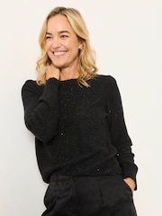 Svart - FatFace Knitted Sequin Sparkle Frill Cuff Jumper - Bild 1 av 6