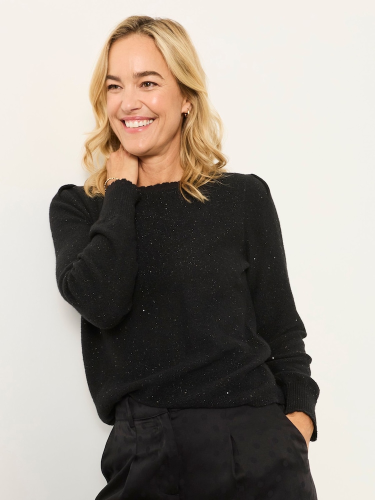 Svart - FatFace Knitted Sequin Sparkle Frill Cuff Jumper - Bild 1 av 6