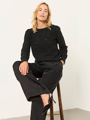 Svart - FatFace Knitted Sequin Sparkle Frill Cuff Jumper - Bild 5 av 6