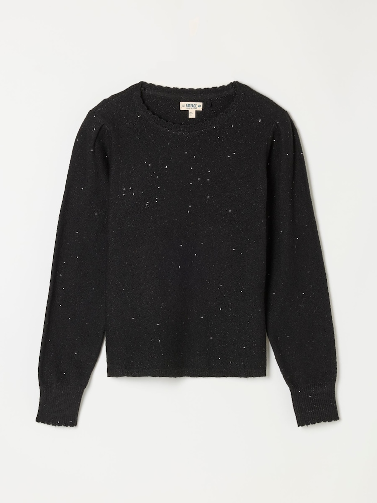 Svart - FatFace Knitted Sequin Sparkle Frill Cuff Jumper - Bild 6 av 6