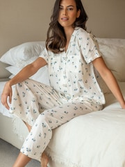 Pour Moi White/Blue Woven Double Cloth Revere Collar Shirt and Cropped Pyjamas Set - Image 1 of 4