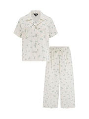 Pour Moi White/Blue Woven Double Cloth Revere Collar Shirt and Cropped Pyjamas Set - Image 4 of 4