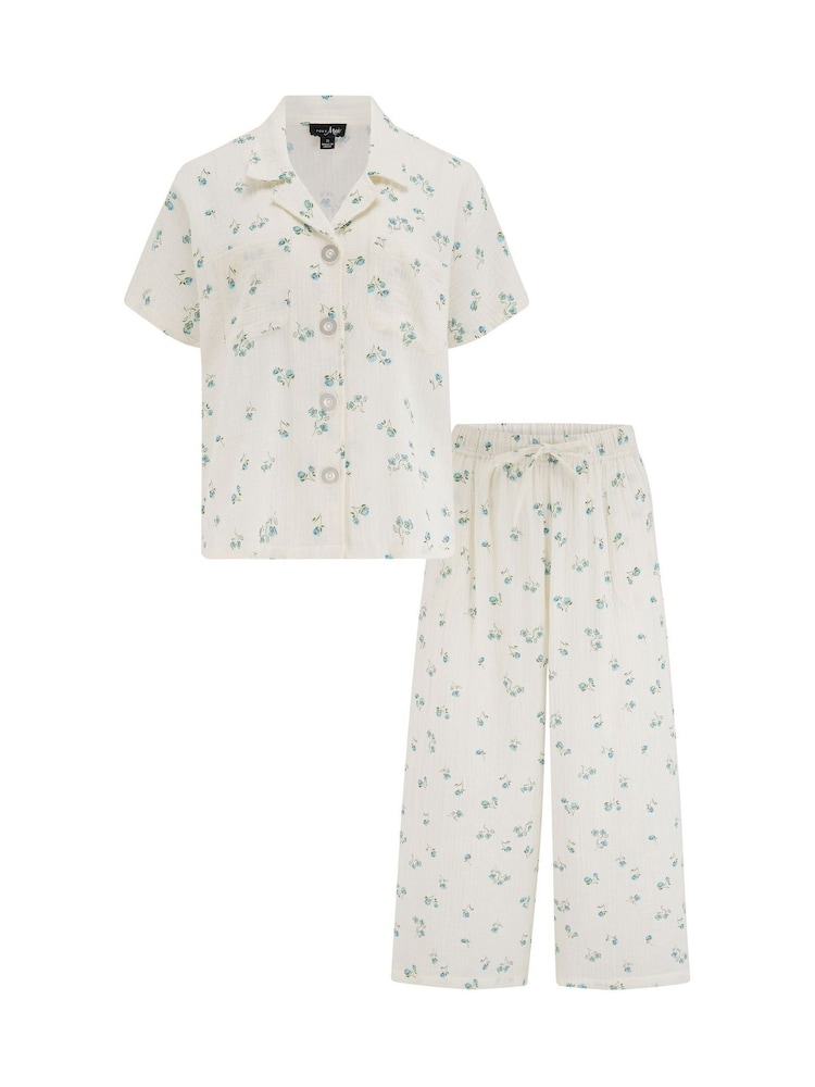 Pour Moi White/Blue Woven Double Cloth Revere Collar Shirt and Cropped Pyjamas Set - Image 4 of 4