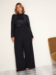 Friends Like These Black Curve Floral Sequin Belted Long Sleeve Jumpsuit - Image 4 of 6