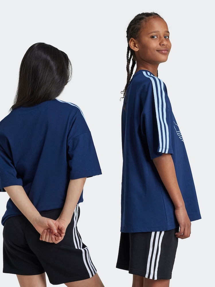 adidas Originals Blue Graphic Logo 3 Stripe T-Shirt - Image 2 of 6 adidas Originals Blue Graphic Logo 3 Stripe T-Shirt - Image 2 of 6