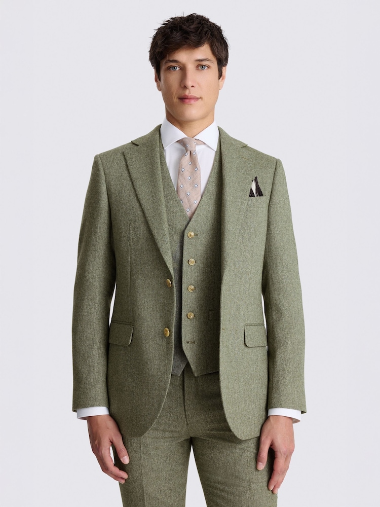 MOSS Green Tailored Fit Herringbone Suit Jacket - Image 1 of 7