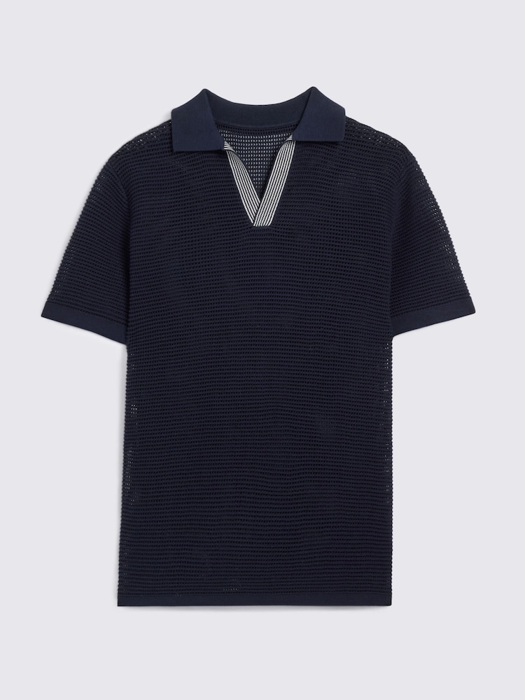 MOSS Blue Short Sleeve Open Knit Skipper Polo Shirt - Image 4 of 4