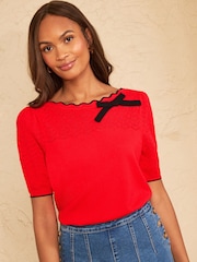Love & Roses Red Petite Scalloped Bow Detail Short Sleeve Boat Neck Knitted Top - Image 1 of 4