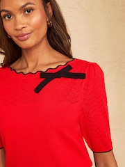 Love & Roses Red Petite Scalloped Bow Detail Short Sleeve Boat Neck Knitted Top - Image 2 of 4