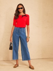 Love & Roses Red Petite Scalloped Bow Detail Short Sleeve Boat Neck Knitted Top - Image 3 of 4