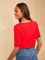 Love & Roses Red Petite Scalloped Bow Detail Short Sleeve Boat Neck Knitted Top - Image 4 of 4