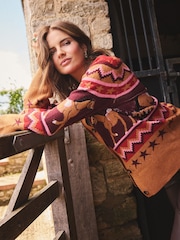 Love & Roses X Binky Camel and Burgundy Embroidered Horse Detail V-Neck Knitted Cardigan - Image 5 of 5