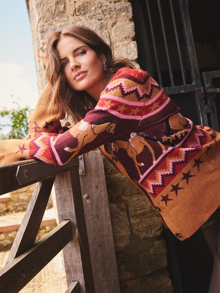 Love & Roses X Binky Camel and Burgundy Embroidered Horse Detail V-Neck Knitted Cardigan - Image 5 of 5