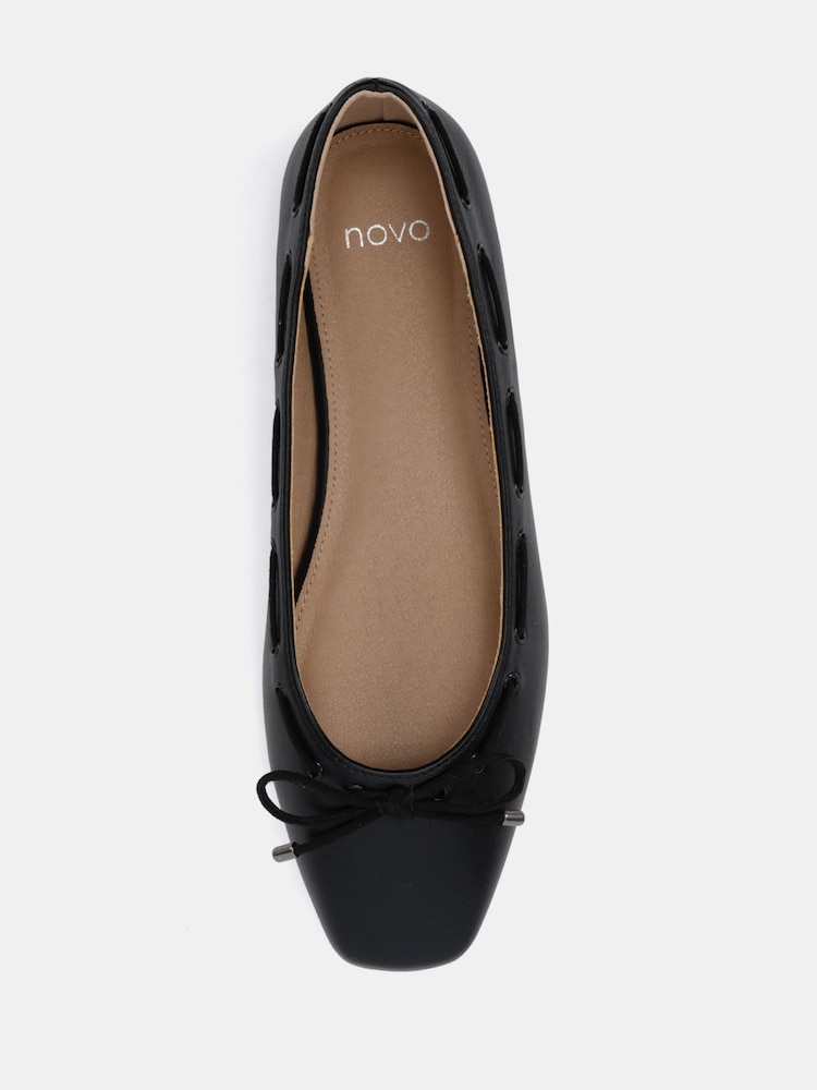 Novo Black Wide Fit Flora Eyelet Detail Bow Flat Ballerinas - Image 6 of 6