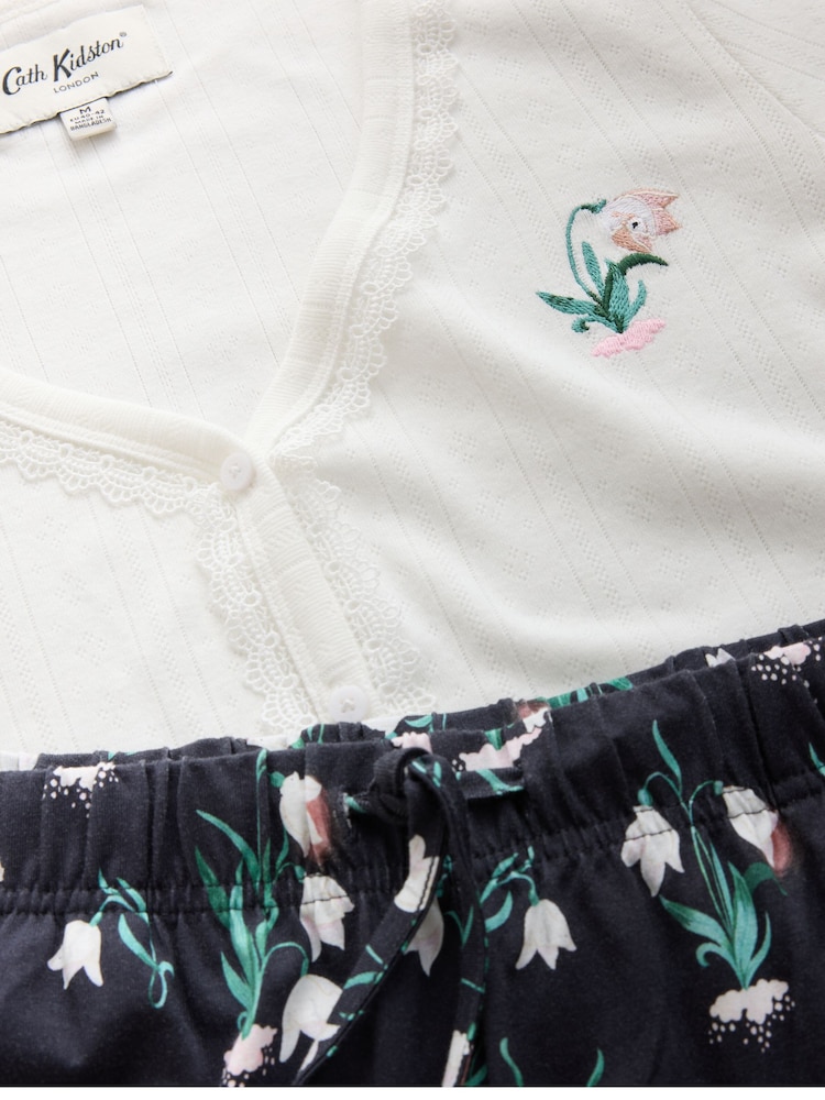 Cath Kidston Ecru/Navy Snowdrop Print Pointelle Long Sleeve Pyjamas Set - Image 2 of 5