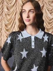 Cath Kidston Black/Blue Star Sparkle Knitted Polo Top - Image 1 of 7