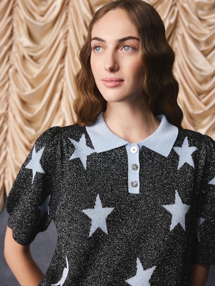 Cath Kidston Black/Blue Star Sparkle Knitted Polo Top - Image 1 of 7 Cath Kidston Black/Blue Star Sparkle Knitted Polo Top - Image 1 of 7
