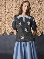 Cath Kidston Black/Blue Star Sparkle Knitted Polo Top - Image 3 of 7