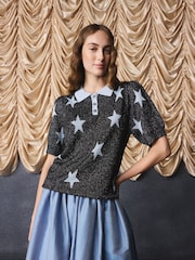 Cath Kidston Black/Blue Star Sparkle Knitted Polo Top - Image 4 of 7