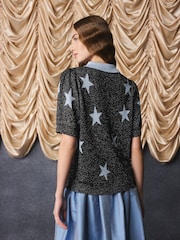 Cath Kidston Black/Blue Star Sparkle Knitted Polo Top - Image 6 of 7