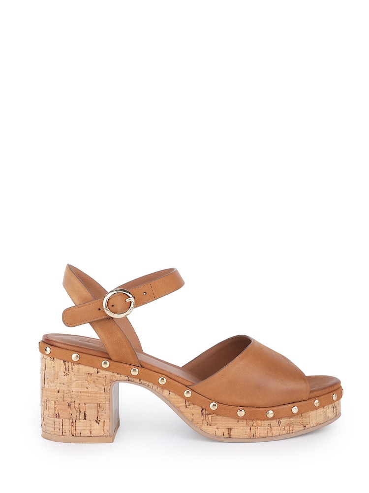 Off The Hook Brown Cleo Leather Studded Cork Platform Block Heel Sandals - Image 1 of 6