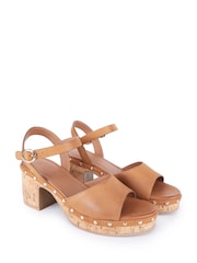 Off The Hook Brown Cleo Leather Studded Cork Platform Block Heel Sandals - Image 2 of 6