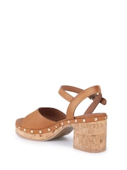 Off The Hook Brown Cleo Leather Studded Cork Platform Block Heel Sandals - Image 3 of 6