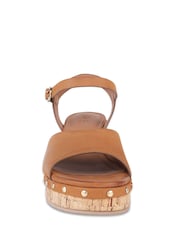 Off The Hook Brown Cleo Leather Studded Cork Platform Block Heel Sandals - Image 4 of 6
