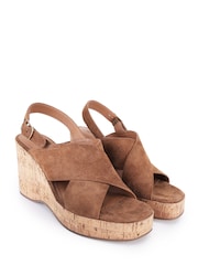 Off The Hook Brown Tara Leather Cross Strap Cork Wedge Sandals - Image 1 of 6