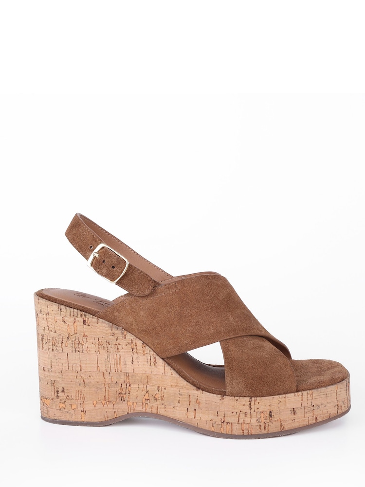 Off The Hook Brown Tara Leather Cross Strap Cork Wedge Sandals - Image 2 of 6 Off The Hook Brown Tara Leather Cross Strap Cork Wedge Sandals - Image 2 of 6